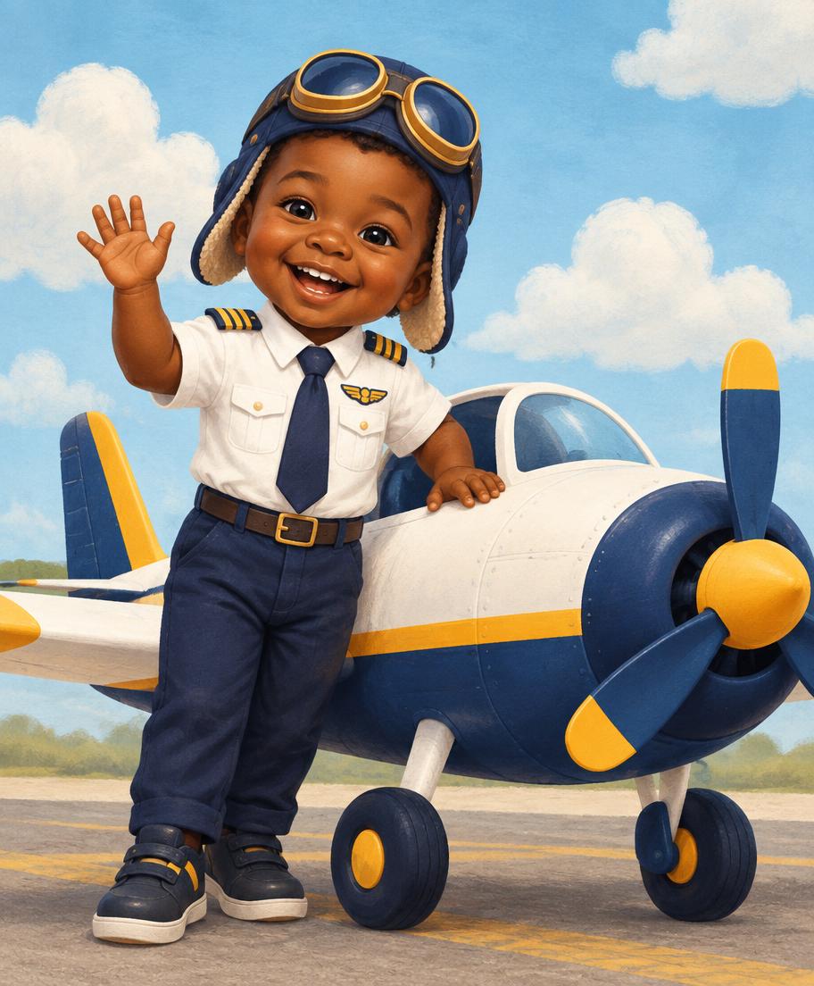 Amara dressed as a tiny pilot